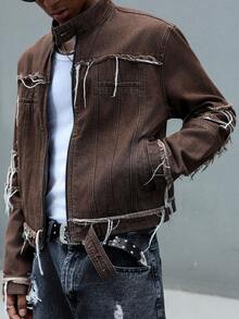 Manfinity EMRG Men's Casual Fashion Street Stand Collar Distressed Fringe Zip-Up Denim Long Sleeve Jacket, Spring/Autumn Slim Fit Frayed Hem Party Urban Washed Denim Jacket For Boyfriend & Husband - Coffee Brown - View 4