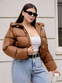 EURMUSE Plus Women's Short Padded Hooded Jacket - Coklat - View 5