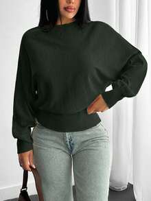 EURMUSE Structured Knit Sweater With Voluminous Sleeves Fitted Waist Curved Ribbed