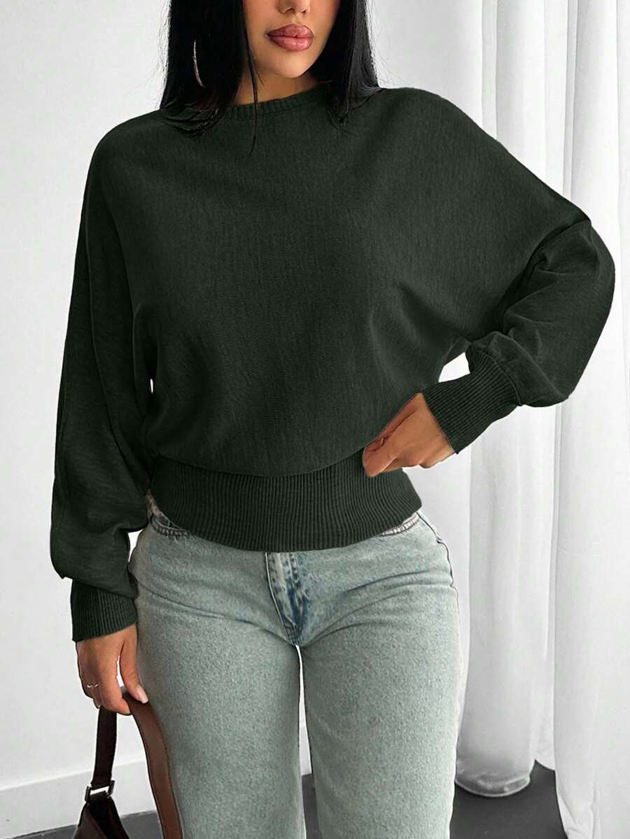EURMUSE Structured Knit Sweater With Voluminous Sleeves Fitted Waist Curved Ribbed