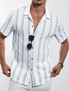 Manfinity Homme Men's Casual Striped Polo Collar Shirt  Men's Casual Preppy Baby Blue Striped Woven Fabric Short Sleeve Regular Fit Shirt With Collar And Pocket Detail Men Beach Shirts Button Up Shirts For Men Summer Mens Resort Wear Greece Vacation Outfit Men Men Stripe Button Up Shirt