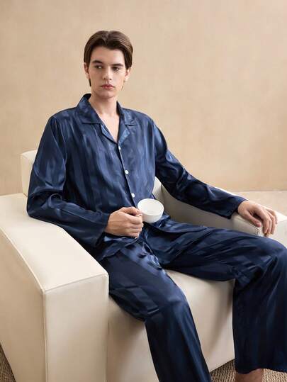 SHEIN EverLounge Ensemble de pyjama en jacquard de faux soie pour hommes, vêtements d'hiver