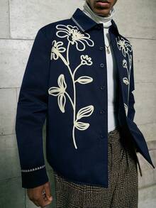 AKNOTIC 男士时尚钩针单排扣长袖羽绒服，秋冬款 - 藍色 - 查看 6