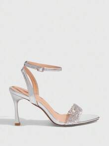 CUCCOO SZL Pointed Toe Stiletto Sandals, Fashion Rhinestone Embellished Closed Toe Versatile High Heel Sandals - Silver - View 4