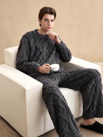 男士休闲抓绒长袖蓬松舒适睡衣套装，秋冬款