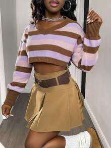 DAZY Áo len dài tay ngắn kẻ sọc nhiều màu sắc dành cho nữ Y2k - Màu Khaki - Xem 4
