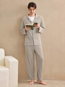 EverLounge 2pcs British Style Ribbed Soft Comfortable Men's Pajama Set, Winter Clothes