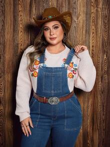 EMERY ROSE Plus Size Women Vintage Washed Denim Bib Overalls - Dark Wash - View 2