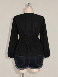 SHEIN ICON Plus Size Women's Autumn/Winter Sexy Retro Elegant Commuter Simple Casual V-Neck Long Sleeve Lantern Sleeves Twisted Chest Hem Black Textured Fabric Loose Women's Top - Black - View 2
