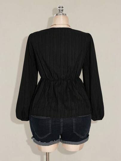 SHEIN ICON ملابس علوية نسائية كبيرة الحجم بأكمام فانوس ملتوية ذات نسيج مجعد باللون الأسود