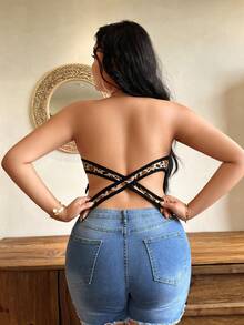 Bare Chapter 畅销女士豹纹无肩带文胸，交叉后背设计，带侧扣和防滑硅胶衬里 - 彩色 - 查看 2