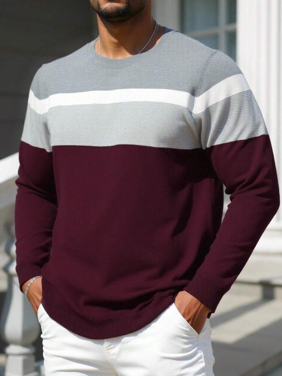 Manfinity Homme Plus Size Men's Colorblock Long Sleeve Sweater For Autumn & Winter - Burgundy - View 1