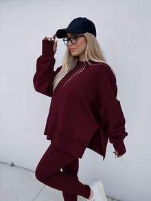 INAWLY Setelan 2 Potong Atasan dan Celana Panjang Lengan Panjang Leher Bulat Minimalis Warna Polos Ukuran Plus untuk Pemakaian Sehari-hari - Burgundy - View 6
