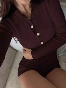 Flirla Tuta a maniche lunghe in maglia tinta unita minimalista da donna, adatta per uso quotidiano