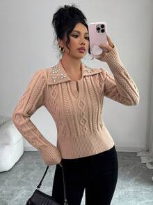 Rafferiza Women's Autumn Rhinestone Sequin Polo Sweater,Cable Knit Raglan Sleeve Pullover,Elegant Date Night Apricot Textured Metallic Sequin Top - Khaki - View 1