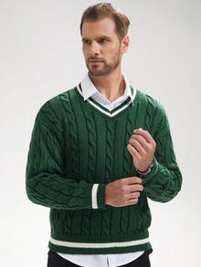 Manfinity Homme Men's Casual Contrast Trim Knit Sweater, Autumn/Winter - Green - View 4