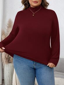 SHEIN CURVE+ 纯色罗纹修身立领针织保暖 T 恤 - 酒紅色 - 查看 4