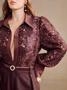 Anewsta Áo cánh tay dài đính hạt thêu ren thanh lịch cỡ lớn, mùa thu/đông - màu nâu - Xem 3