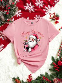 SHEIN LUNE Christmas Santa Claus Graphic Print Casual Loose Fit Round Neck Short Sleeve T-Shirt For Women, Suitable For Autumn, New Year Party - Dusty Pink - View 1