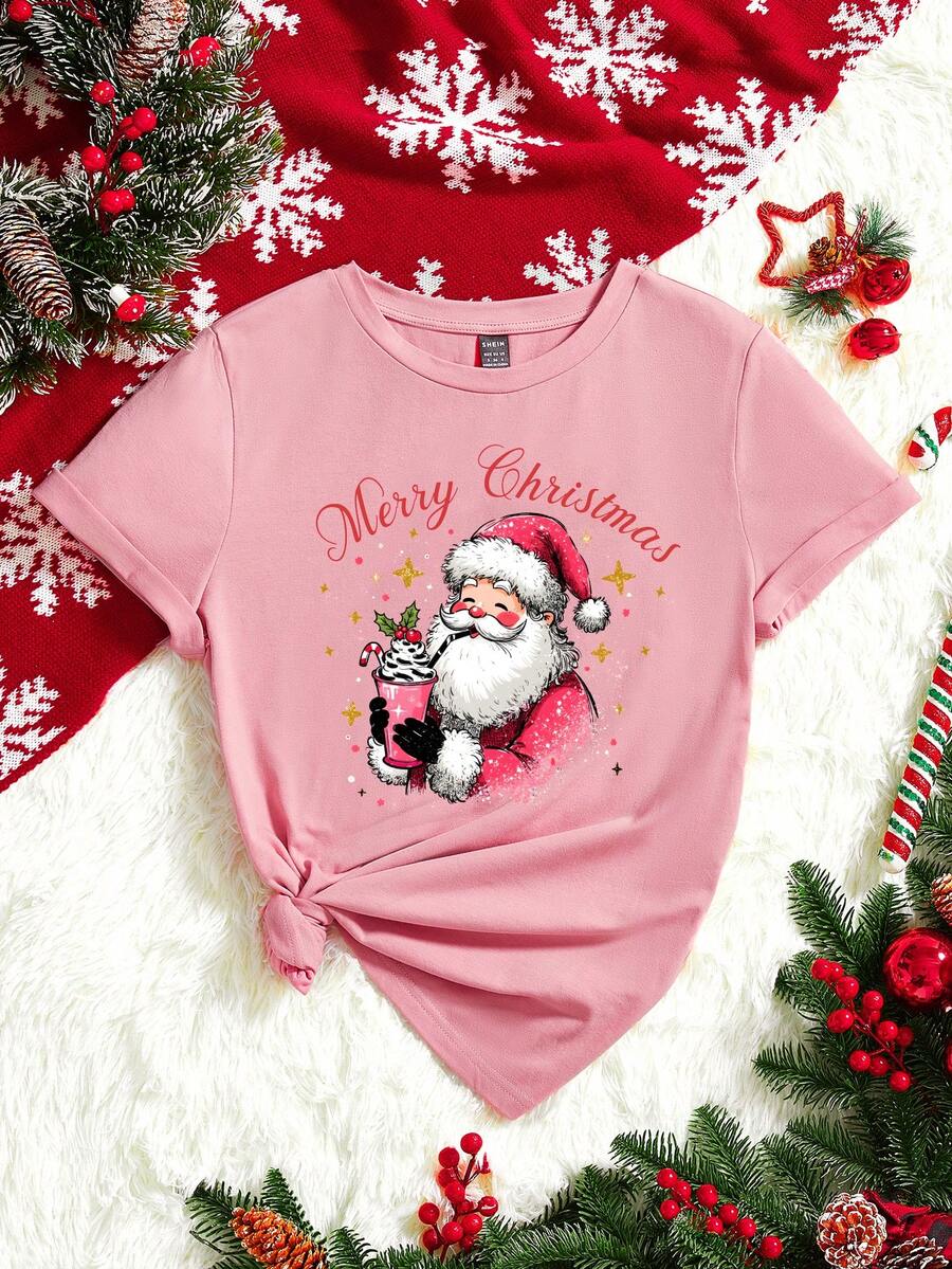 SHEIN LUNE Christmas Santa Claus Graphic Print Casual Loose Fit Round Neck Short Sleeve T-Shirt For Women, Suitable For Autumn, New Year Party - Dusty Pink - View 1