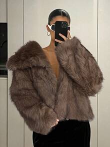 SHEIN ICON Women's Winter Large Lapel Open Front Faux Fur Jacket - Brown - View 3