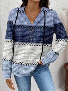 EMERY ROSE Women Light Blue Striped Crew Neck Button Collar Pullover Sweatshirt,Minimalist Textured Contrast Print Pattern,Casual Everyday Autumn Winter Style - Multicolor - View 3