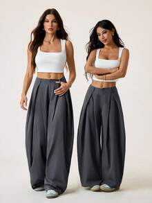 SHEIN PETITE 女士夏季复古休闲街头风外出宽松绿色弧形裤脚长裤 - 深灰色 - 查看 7