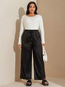 SHEIN Tall CURVE Pantalon décontracté ample avec cordon de serrage et poches, imprimé léopard grande taille - Noir - Voir 5