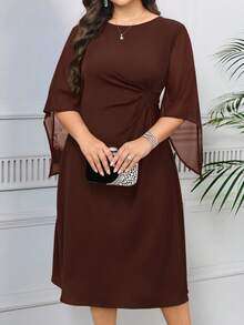 Reflora Vestido elegante de talla grande de unicolor con cuello redondo, mangas medianas y cintura plisada - Marrón - Ver 7