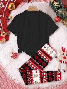 Tween Girls' Casual Merry Christmas Cartoon Reindeer,Snowflake Fair Isle T-Shirt & Leggings Pajama Set,Black Summer Cute Evening Lounge Snug Fit - Multicolor - View 3