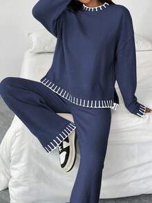 SHEIN Holidaya Terno feminino elegante, solto, de duas peças, com cor contrastante, suéter de manga comprida, blusa e calça, outono - Azul Real - Ver 3