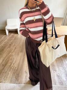 SHEIN EZwear 彩色条纹女士超大款圆领长袖宽松针织毛衣 - 粉色 - 查看 4