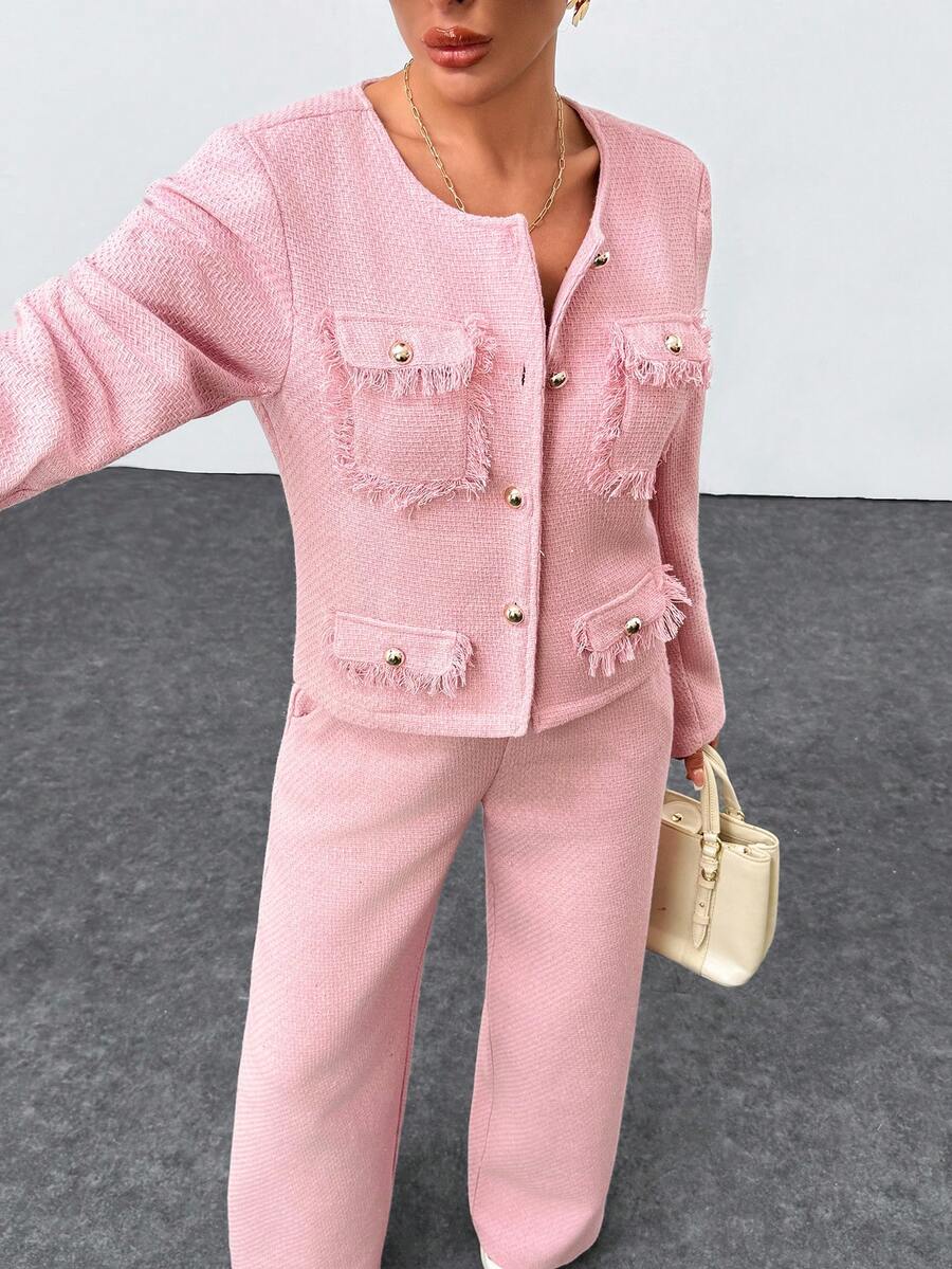 EURMUSE Women's Pink Tweed 2 Pieces Set – Long Sleeve Button Front Jacket With Fringe Pockets & High Waist Wide Leg Trousers, Elegant Casual Suit - Pink - View 1