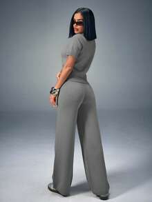 CasuGlow Women Comfy Cozy Drawstring Knit Top And Knit Short 2pcs Two Pieces Set - Grey - View 2