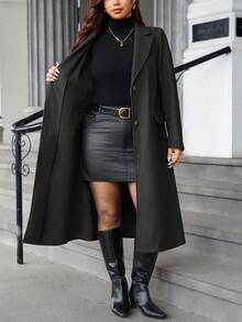 Easura Plus Size Women's Solid Color Slit Button Long Overcoat, Autumn/Winter - Black - View 8
