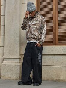 AXEPEAK Jeans casuales de pierna ancha y bolsillo con estampado de llamas para hombres - Negro - Ver 7