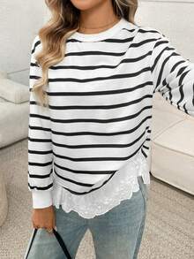 Easowa Striped Print Guipure Lace Hem Drop Shoulder Sweatshirt In Fall/Winter - Black and White - View 4