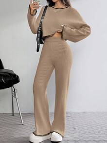 SHEIN EZwear 女士休闲套装：落肩毛衣和喇叭裤，秋冬季 - 卡其色 - 查看 4