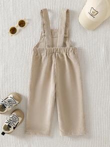 SHEIN Playful Pals 男宝宝0-3岁卡其色字母刺绣灯芯绒连体裤，适合外出、休闲、生日派对