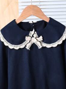 Young Girl Sweet & Cute Long Sleeve Peter Pan Collar Sweatshirt, Paired With Beige Flared Pants Set, Fashionable & Minimalist For Commuting, Autumn/Winter - Navy Blue - View 4
