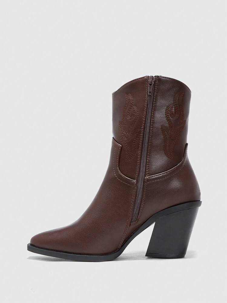 CUCCOO BIZCHIC Fashionable Basic Comfortable Commute Black Patchwork Faux Suede Striped Square Buckle Chunky Heel Ankle Boots