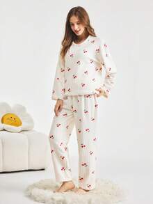 Bonmuse 两件套女士冬季睡衣套装，简约樱桃印花加绒长袖上衣和长裤家居服，可外穿