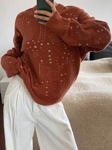 DAZY Color Block Loose Fit Crew Neck Elegant Formal Knit Sweater For Women, Autumn/Winter - Orange - View 1