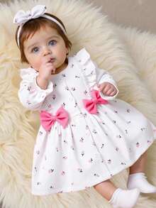 SHEIN Newborn Baby Girl Apricot Round Neck Ruffled Cartoon Cherry Print Long Sleeved Red Bow Dress Elegant And Cute, Suitable For All Seasons, New Style Fall Winter