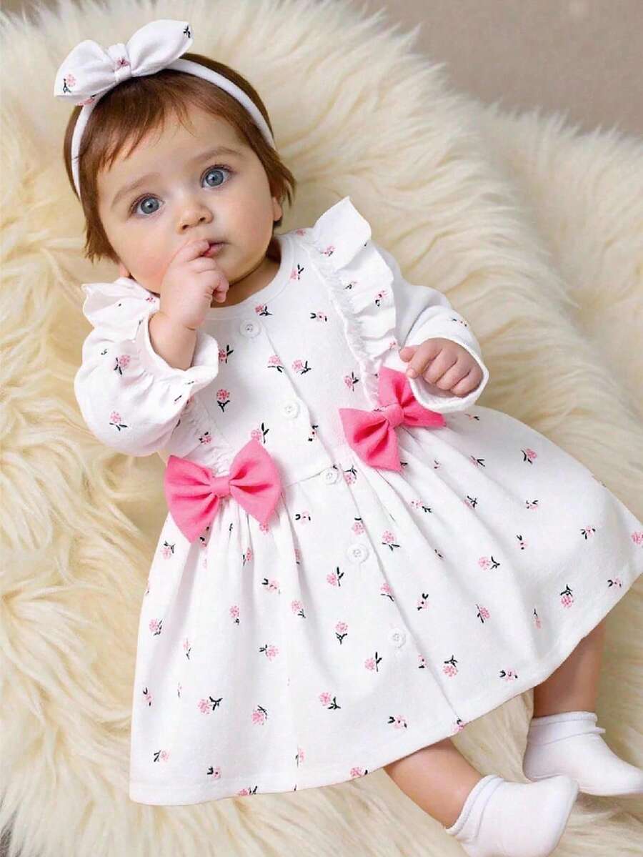 SHEIN Newborn Baby Girl Apricot Round Neck Ruffled Cartoon Cherry Print Long Sleeved Red Bow Dress Elegant And Cute, Suitable For All Seasons, New Style Fall Winter