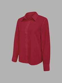 EMERY ROSE Women's Solid Color Long Sleeve Single-Breasted Casual/Work Shirt - Burgundy - View 4