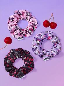 HELLO KITTY AND FRIENDS | SHEIN 3-Piece Stylish Sweet Pink Smooth Soft Satin Large Intestine Ring Letter Printed Hair Band Tie Hair Rope Style With High Ponytail,Gift Ideas - Multicolor - View 3