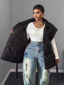 Maweii Abrigo acolchado con cuello alto, cremallera y cinturón para mujer talla grande, adecuado para exteriores, temporada de nieve y uso diario - Negro - Ver 8