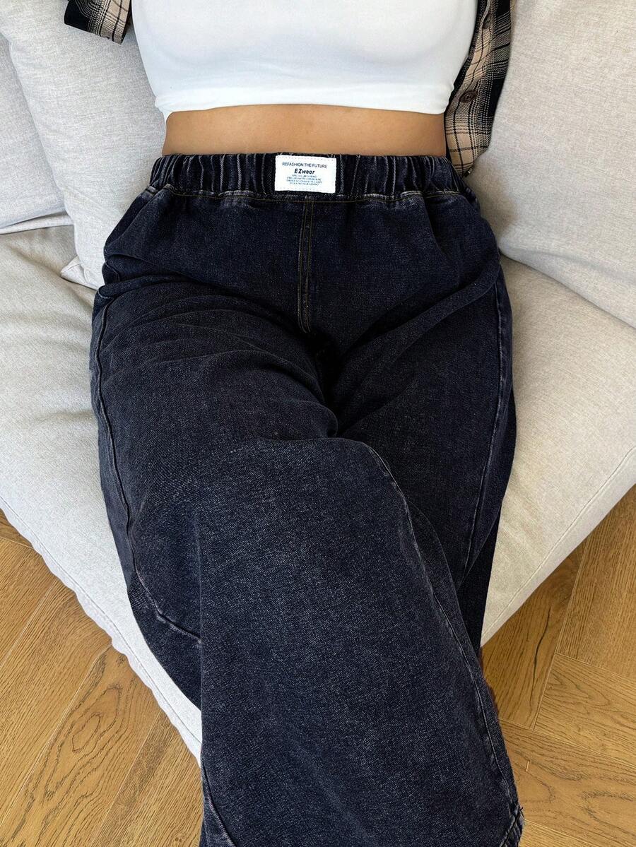 SHEIN EZwear 大码宽松松紧腰阔腿牛仔裤，黑色 - 深色水洗藍 - 查看 1
