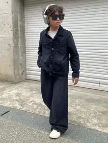 SHEIN 两件套青少年男童时尚休闲Y2K复古酷炫街头返校学院风两件套，包括黑色牛仔翻领长袖外套和简约舒适宽松牛仔裤，适合青少年男童日常穿着，柔软舒适，也适合儿童秋冬季参加锐舞派对、节日活动和街头服饰。 - 黑色 - 查看 5